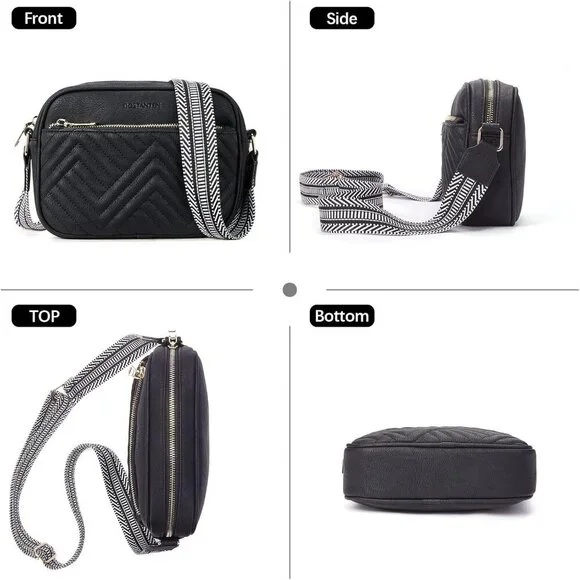 Quilted Vegan Leather Crossbody Black Bag Women Wide Strap and Shoulder Use - Picture 6 of 8